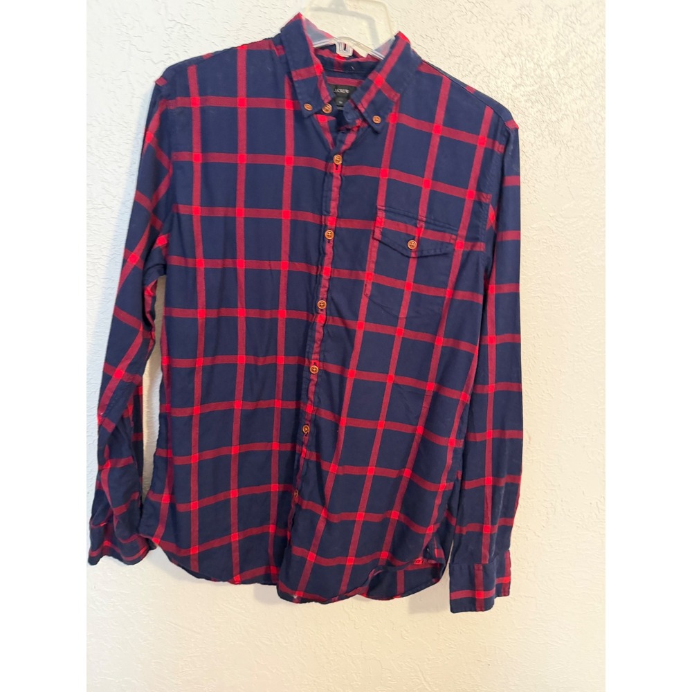 J.Crew Mens Medium Navy Blue Red Windowpane Plaid Cotton Button Down Shirt